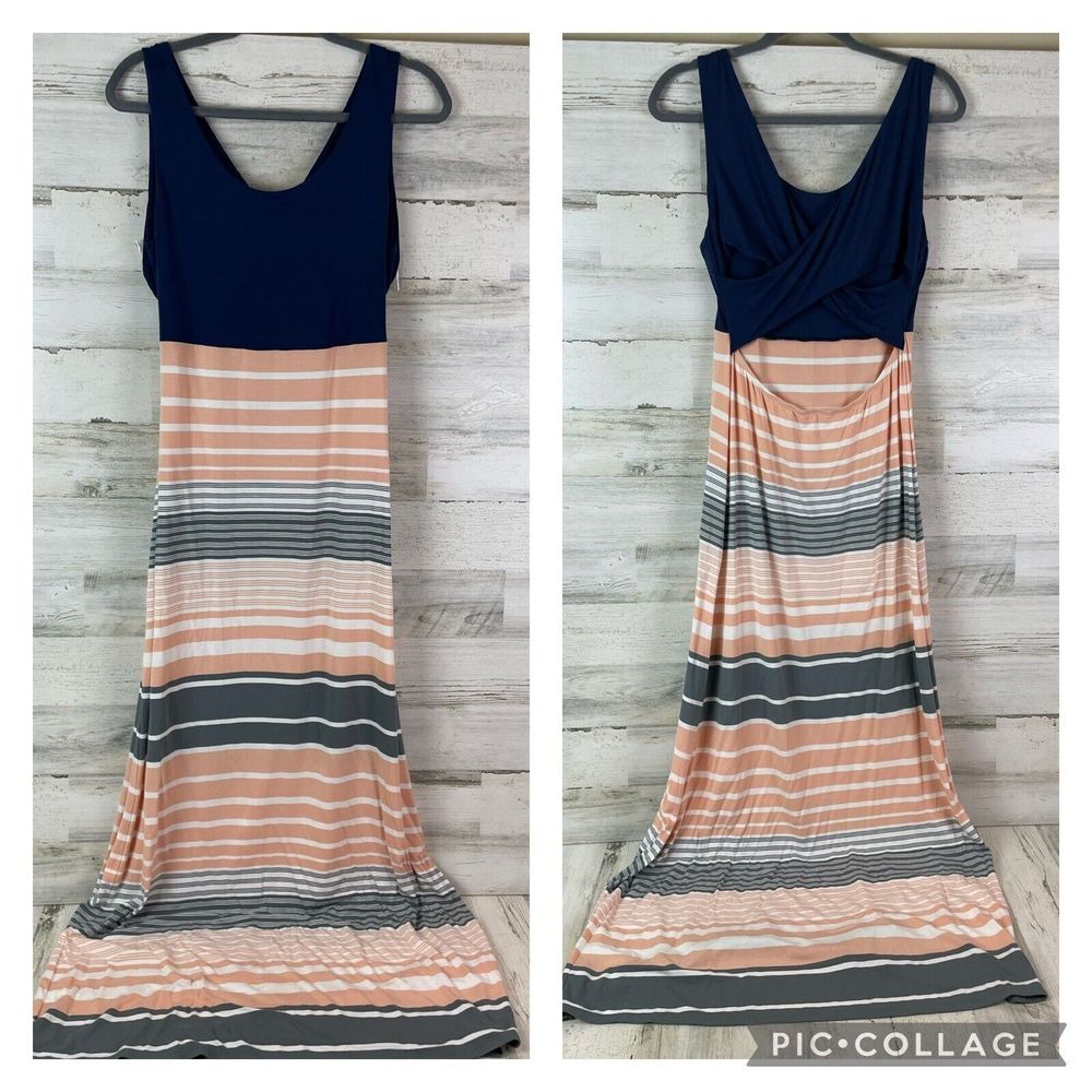 Market & Spruce Navy and Peach Striped Maxi Dress